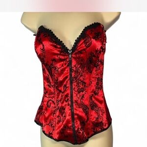 Fredericks of Hollywood Red satin Black velvet paisley lace up zip Corset Top XL